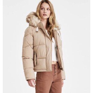 Maralyn & Me Women's Juniors Large Faux-Fur-Trim Hooded Puffer Coat Beige NWT